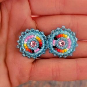Stunning Native American Hand Beaded Multi-Color Stud Earrings Leather Backing